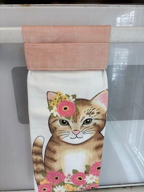 Handmade Pink Floral Cat Oven Handle Cover - Pet Cat Kitchen Towel